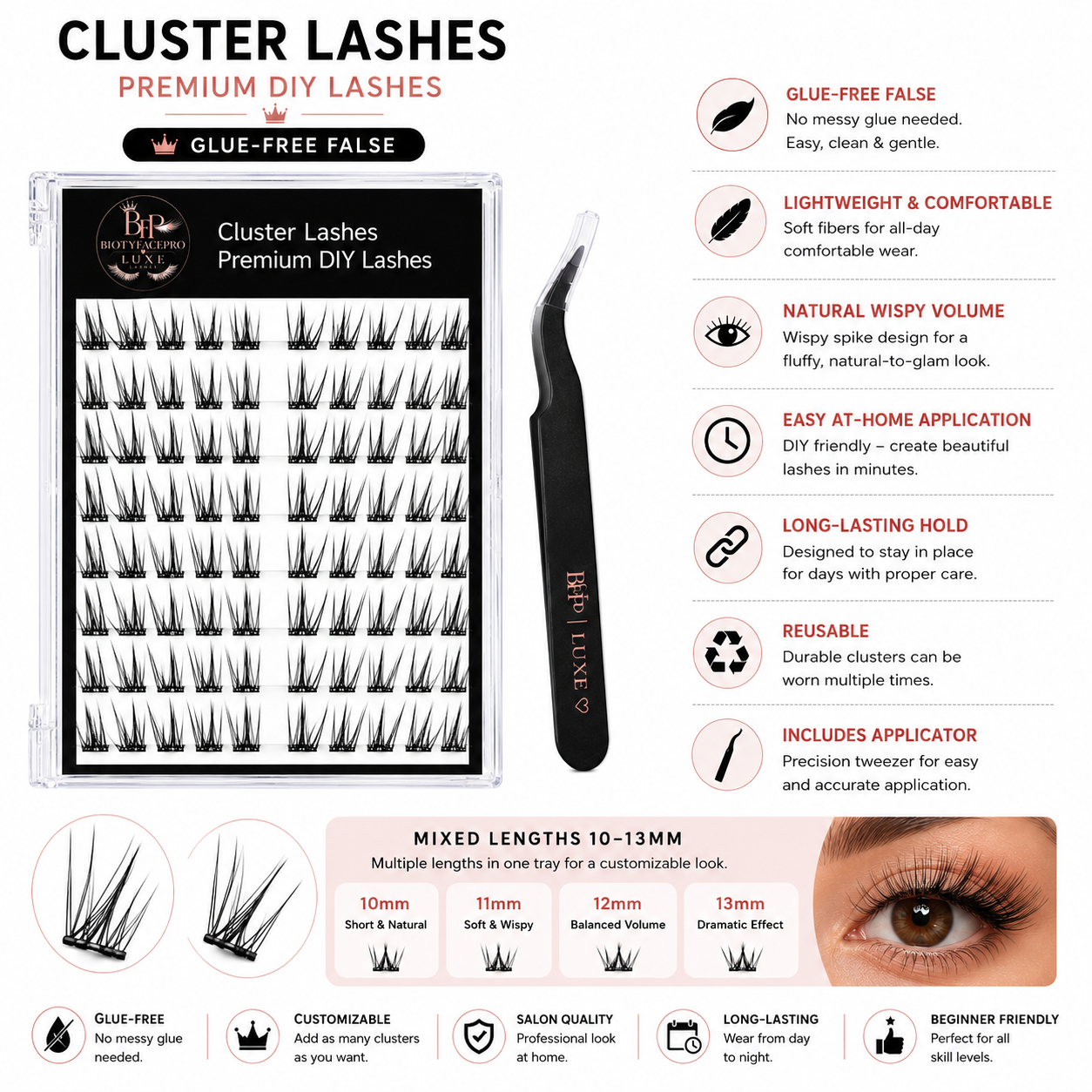 BIOTYFACEPRO Luxe Cluster Lashes – Premium DIY Lash Extensions | Glue-Free | Natural Wispy Volume | Lightweight & Long-Lasting