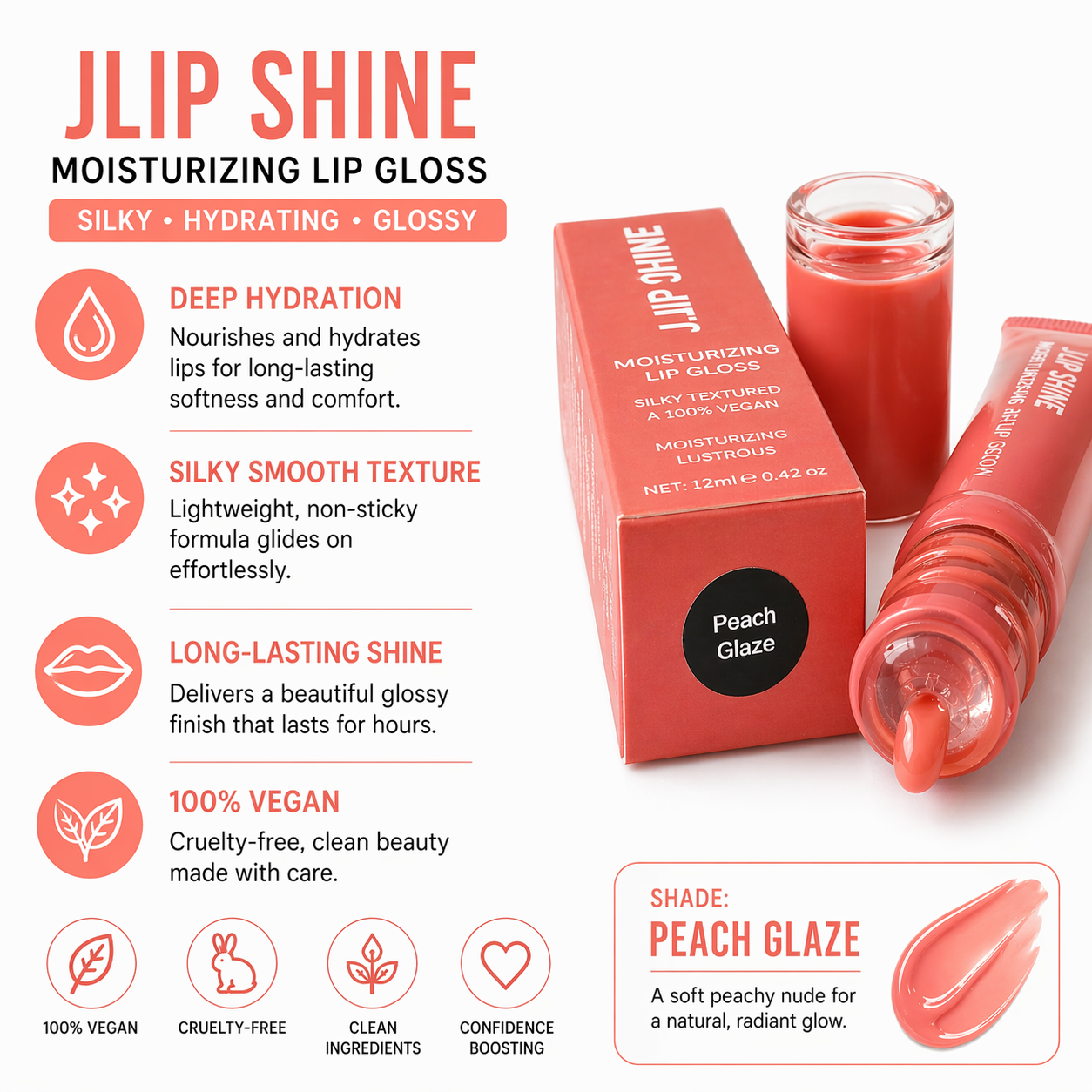 JLIP SHINE Moisturizing Lip Gloss – Hydrating, Non-Sticky, Long-Lasting Shine – Vegan Lip Gloss