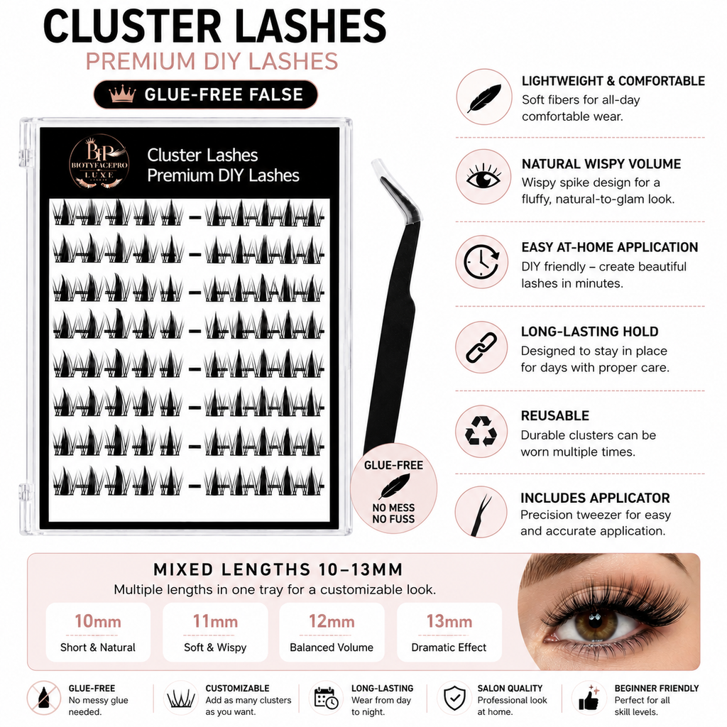 BIOTYFACEPRO Luxe Cluster Lashes – Premium DIY Lash Extensions | Glue-Free | Natural Wispy Volume | Lightweight & Long-Lasting