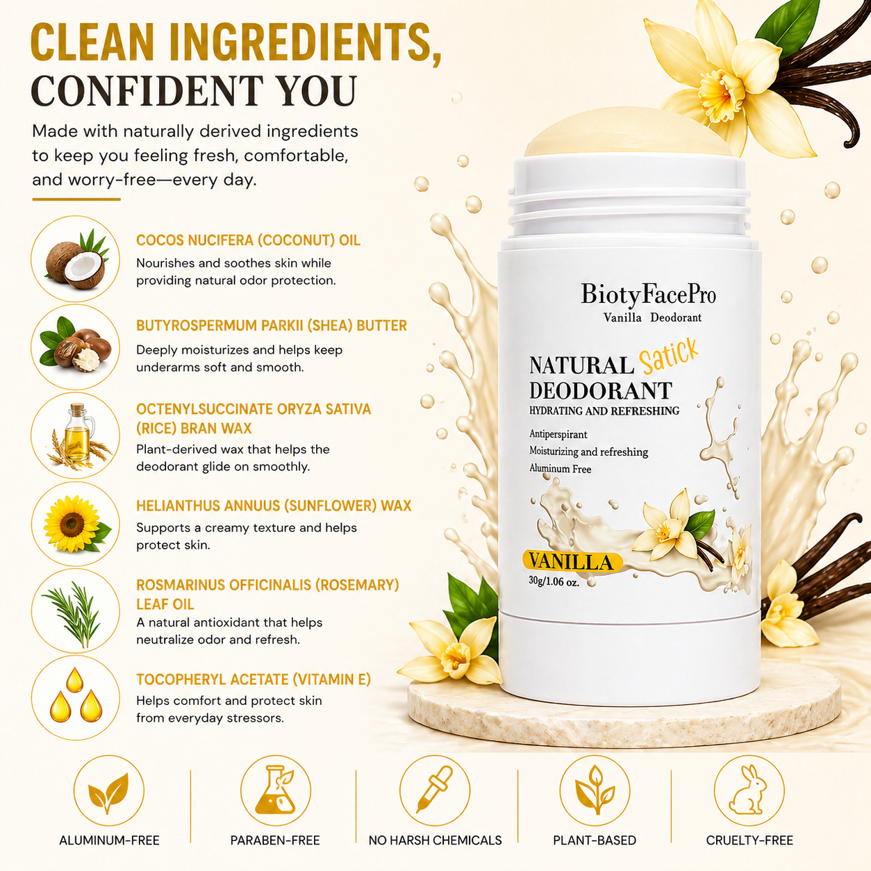 BiotyFacePro Natural Deodorant Stick – Aluminum-Free, Moisturizing & Refreshing, Long-Lasting Odor Protection